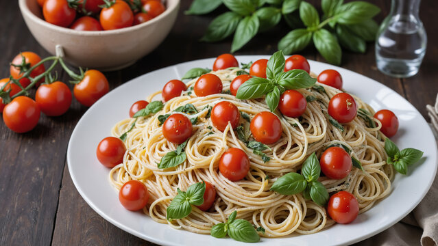 Fresh spaghetti pasta with cherry tomatoes and basil on wooden table  