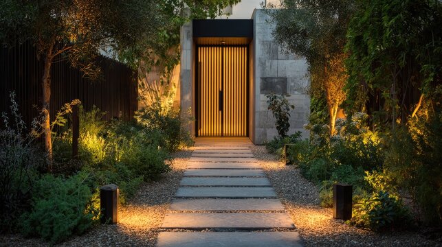 Modern home entrance featuring elegant stone pathway and illuminated landscaping for sophisticated curb appeal