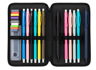 Open pencil case filled with colorful pens and erasers isolated on transparent background