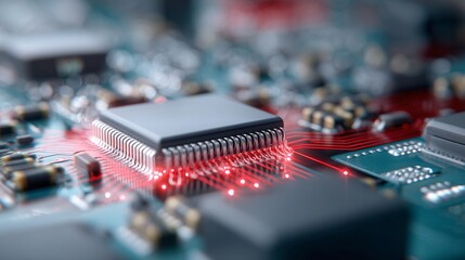 detailed circuit board with microchips and intricate wiring, glowing with electric