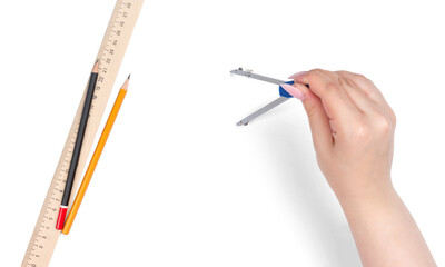 Hand drawing with compass on transparent background. Includes ruler and two pencils. Ideal for design, architecture, or school-related themes.