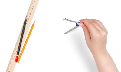 Hand drawing with compass on transparent background. Includes ruler and two pencils. Ideal for design, architecture, or school-related themes.