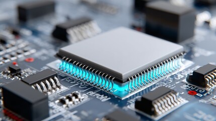 detailed circuit board with microchips and intricate wiring, glowing with electric