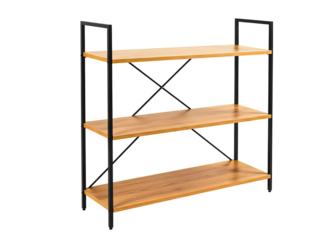 Modern three tier wooden shelf unit with black metal frame isolated on transparent background