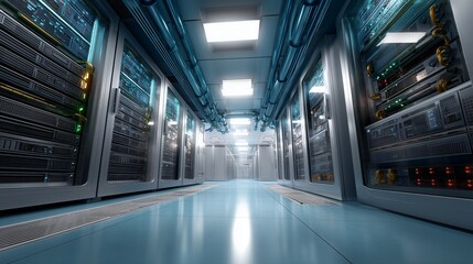 professional server room, with rows of blinking lights and cables