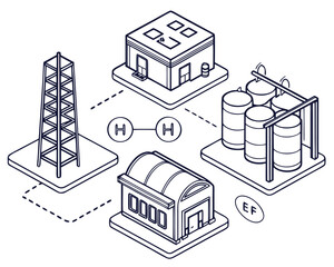 Illustration of hydrogen production, storage and distribution process including renewable energy source, fuel cells and transport infrastructure.
