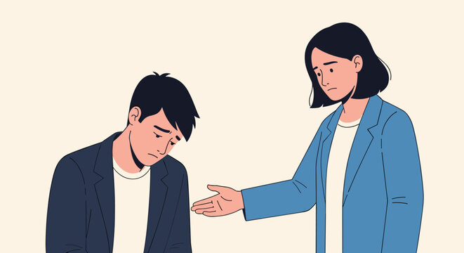 A compassionate woman offers a comforting hand to a sad man experiencing emotional distress, depicted in a minimalist flat illustration style.
