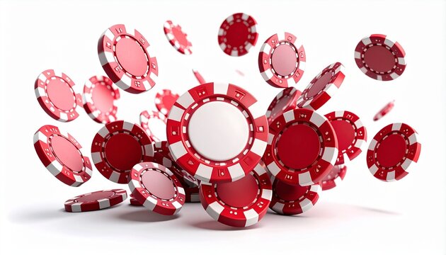 Scattered and stacked red poker chips with white accents on a plain white background
