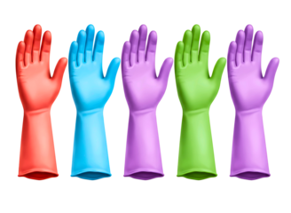 Five colorful rubber gloves for cleaning isolated on transparent background