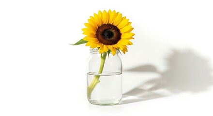 A single sunflower stands tall in a small glass vase against a bright white background, casting a subtle shadow.