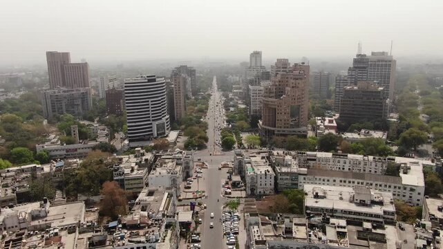 Aerial Drone shot of Connaught Place Cp in New Delhi capital city of India barakhamba road central market central park indian flag inner circle outer circle