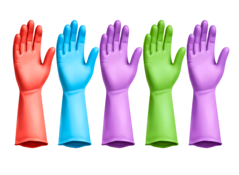Five colorful rubber gloves for cleaning isolated on transparent background