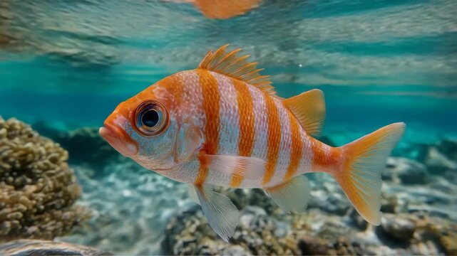 Orange striped reef fish close to coral