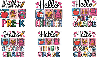 Hello Back to School Grade Level Cute Illustration Bundle – Pre-K to 4th Grade