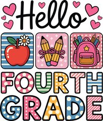Fourth Grade Back to School Cute Vector Illustration with Apple and Backpack, Bright Fourth Grade Hello Back to School Vector with School Icons
