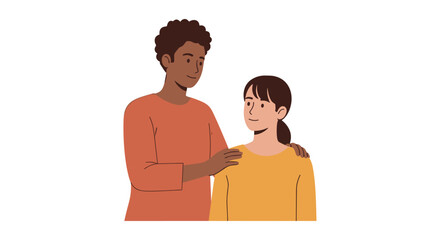 Fototapeta premium A young African American man gently places his hand on the shoulder of his Asian friend, offering support and comfort in a minimalist, vector art style.