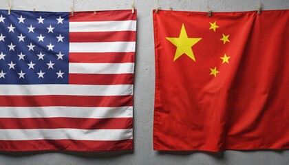 Fototapeta premium Two flags, USA, China, suspended on gray concrete wall. American flag, stars, stripes, on left, Chinese flag, red, yellow star, on right. Dynamic contrast between flags colors, gray background.