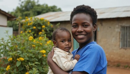 Mother in blue shirt cradles baby on dirt path in verdant landscape. Surrounding trees, bushes. Rural setting, volunteer nurse in background, holding baby. Compassionate caregiver in village, health