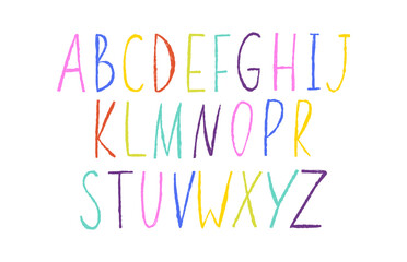 Doodle font. Scribble alphabet, hand drawn typescript. Wax crayon abc handwriting letters. English abstract text. Primitive design. Vector cartoon flat style isolated illustration