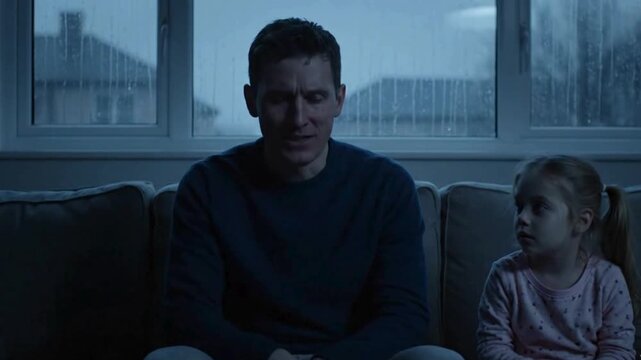 Sick Man Coughing on Couch with Concerned Daughter &ndash; Cinematic Cold & Flu Scene in Rainy Living Room