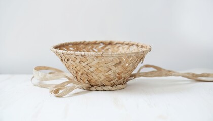 Woven basket with round base and woven top resting on white surface. Criss-cross pattern, light brown hue, thin ribbon tied around top edge. Contrast between woven texture and smooth ribbon.