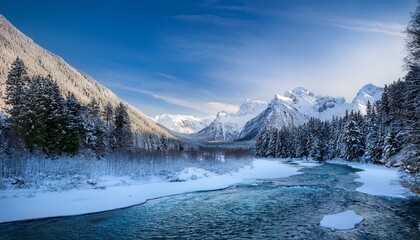 a serene winter landscape featuring a waterfall surrounded by snow covered rocks and trees