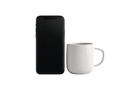 Smartphone and coffee mug on black background