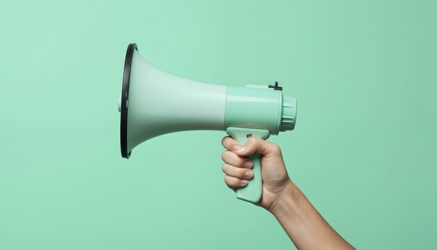 Mint green megaphone held by hand against cool blue background. Vibrant image conveys sense of urgency and attention. Megaphone pointed directly at viewer.