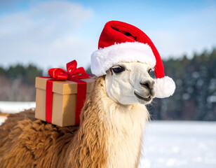 Lustiges Lama mit Weihnachtsm&uuml;tze und Geschenk &ndash; Festliches Tierportrait
