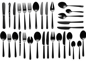 Collection of black cutlery and silverware isolated on transparent background