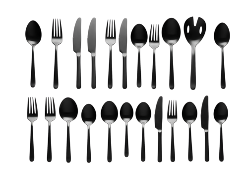 Collection of black cutlery and silverware isolated on transparent background