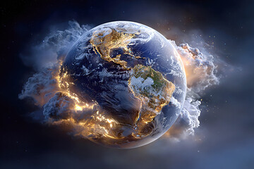 Realistic Earth Globe with Soft Glow on Dark Background. Clean 3D rendering for geography education, environmental presentations, science fiction, and digital interfaces.