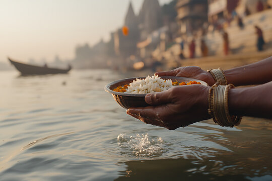 Offering flowers in a bowl held by hands in water. Temple buildings and boat in the background. Bangles on wrists. Sunlight on water.