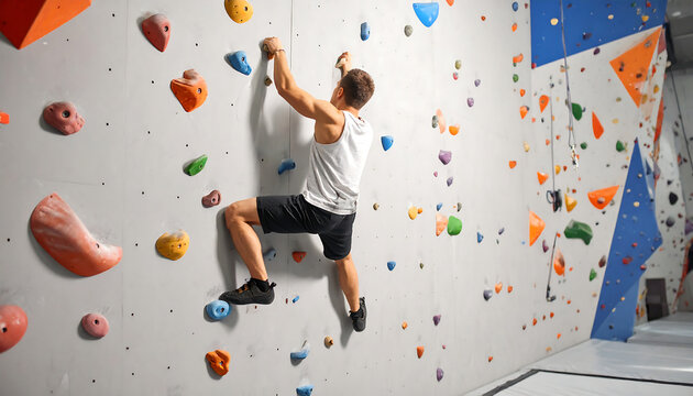 Man wearing white tank top and black shorts climbs indoor rock climbing wall with colorful holds, showing focus and strength