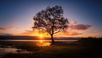 image depicts a tranquil and reflective atmosphere with a solitary tree outlined against vivid hues of a setting sun