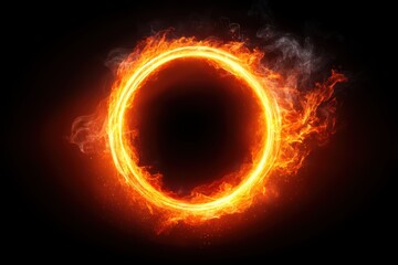 A glowing ring of fire with bright flames and smoke, forming a perfect circle on a dark black background