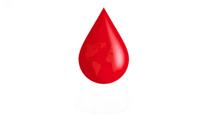 Fototapeta premium Red blood drop with maps isolated on white background, symbolizing donation and health suitable for a medical poster or campaign. World Blood Donor Day Awareness.
