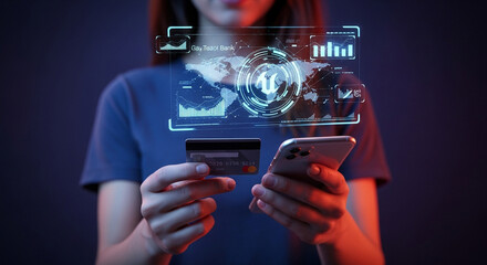 Hyperreal close-up of woman holding credit card and smartphone, digital banking holograms floating above, microphotography