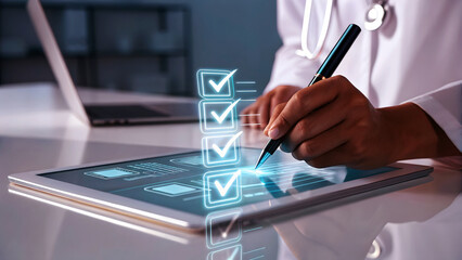 Naklejka premium Doctor checking off tasks on digital tablet with glowing checklist