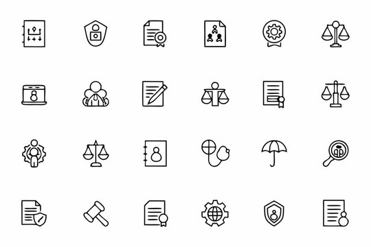 A professional line icon set focusing on the legal, compliance, and regulatory aspects of ESOPs. Useful for legal teams, HR compliance materials, and corporate governance documents