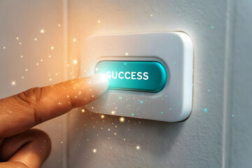 Finger pressing glowing teal success button with sparkles