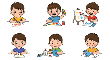 A young boy enjoying various creative activities, drawing, painting, and crafting.