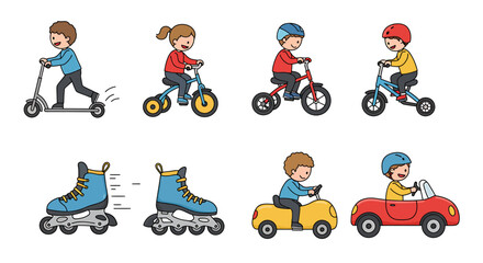 Children enjoying various modes of transportation, including scooters, bikes, skates, and cars.