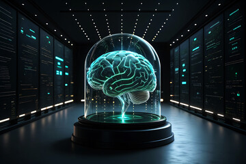 Glowing blue brain in glass dome in server room artificial