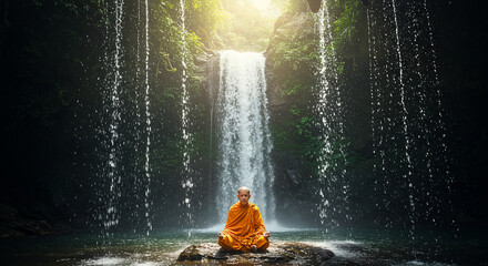Monk in orange robe meditating in front of a waterfall surrounded by lush green vegetation
