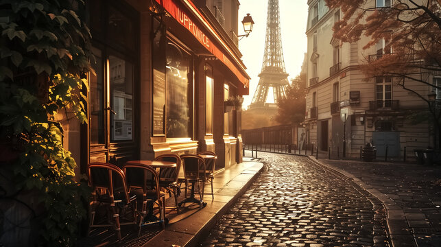 Vintage French Paris caf&eacute; background, cobblestone streets, w&hellip;