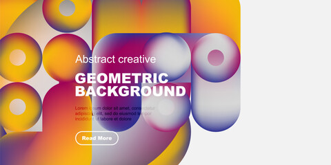 Colorful abstract shapes overlap, creating dynamic geometric background. Text promotes further exploration via button.