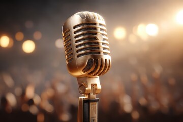 A vintage golden microphone stands on stage, illuminated by warm lights, with a blurred audience in the background