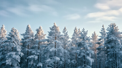 Scandinavian winter forest background, tall pine trees covered i