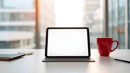 Tablet computer with blank screen and red mug on desk